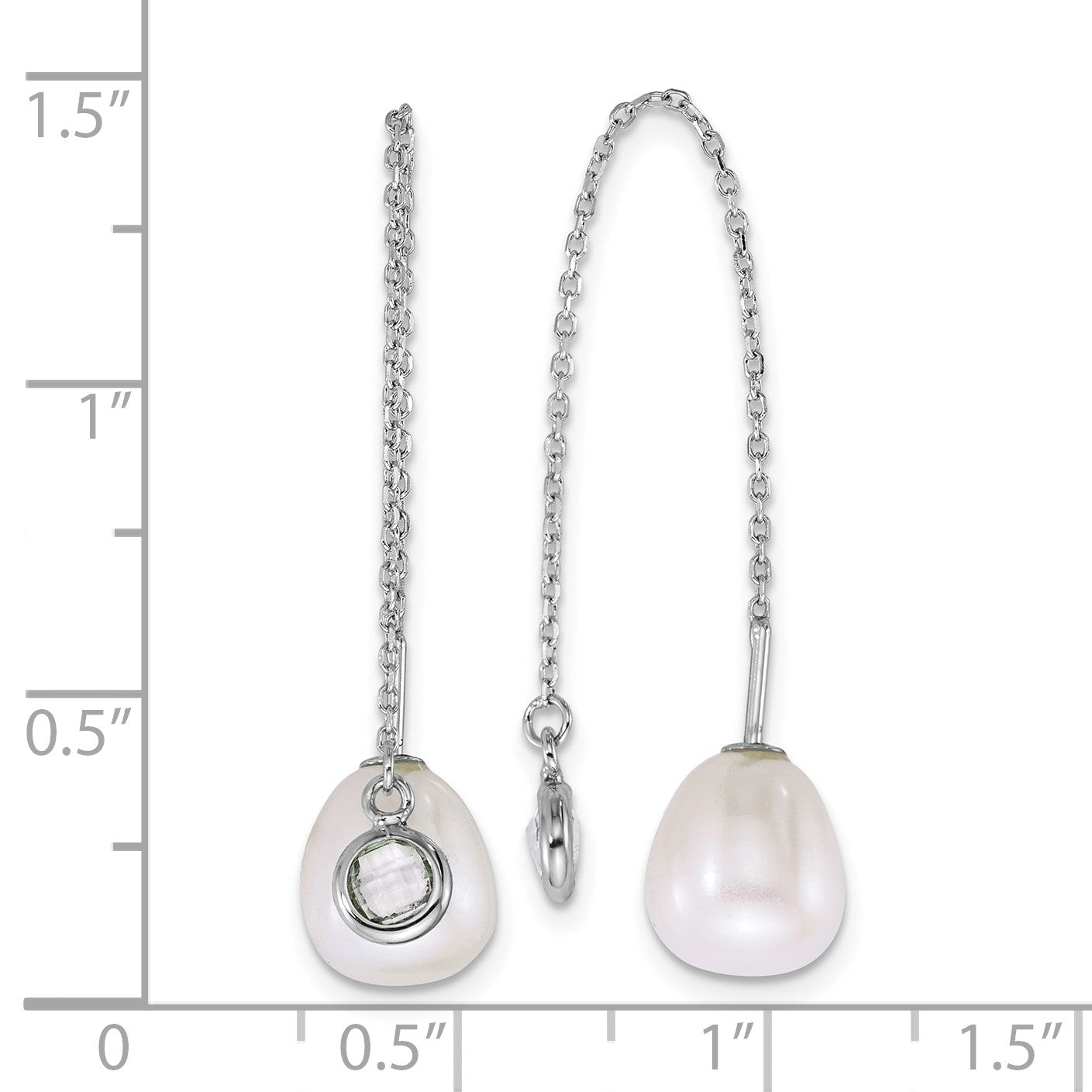 Sterling Silver Rhodium-plated 6-8mm Teardrop White Freshwater Cultured Pearl and Glass Stone Threader Earrings