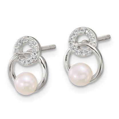 Sterling Silver Polished CZ Circles with 4-5mm Imitation Button Pearl Post Earrings
