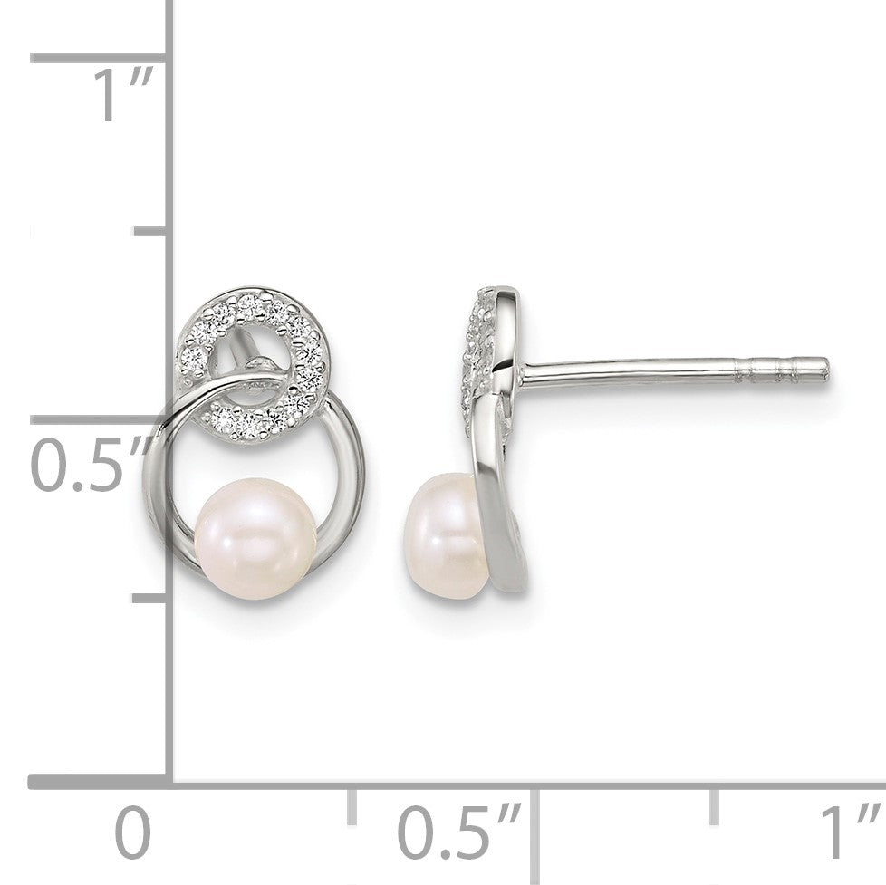 Sterling Silver Polished CZ Circles with 4-5mm Imitation Button Pearl Post Earrings