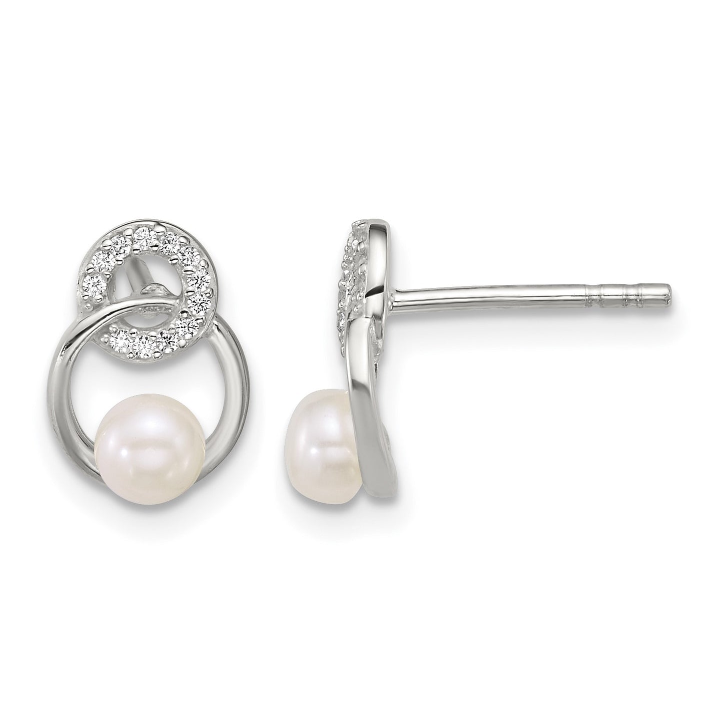 Sterling Silver Polished CZ Circles with 4-5mm Imitation Button Pearl Post Earrings