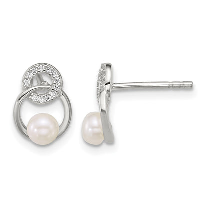 Sterling Silver Polished CZ Circles with 4-5mm Imitation Button Pearl Post Earrings