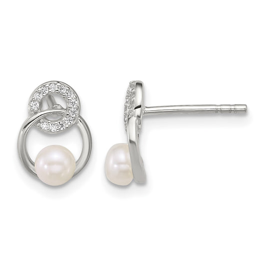 Sterling Silver Polished CZ Circles with 4-5mm Imitation Button Pearl Post Earrings