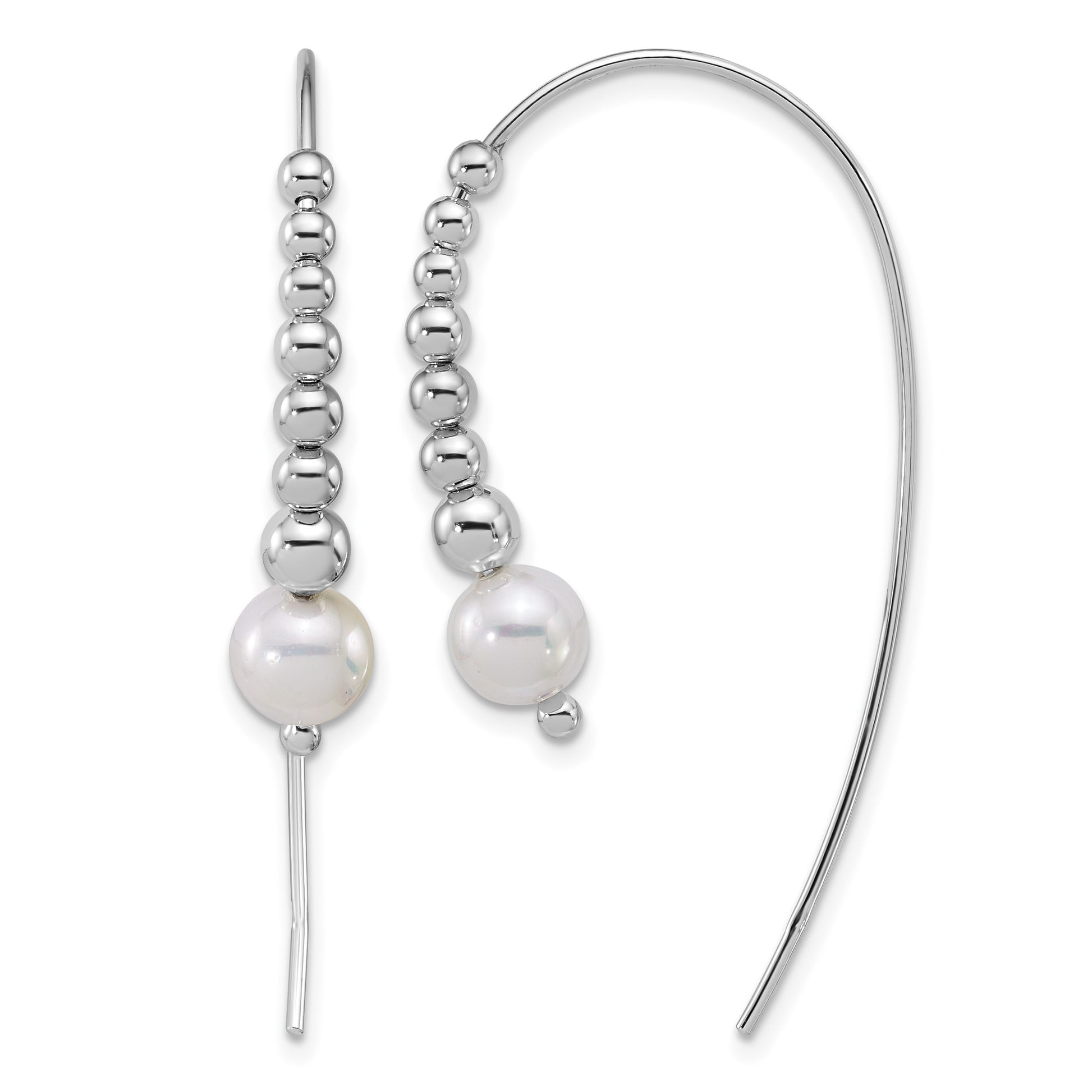 Sterling Silver Rhodium-plated Polished Graduated Beads and Shell Pearl Threader Earrings