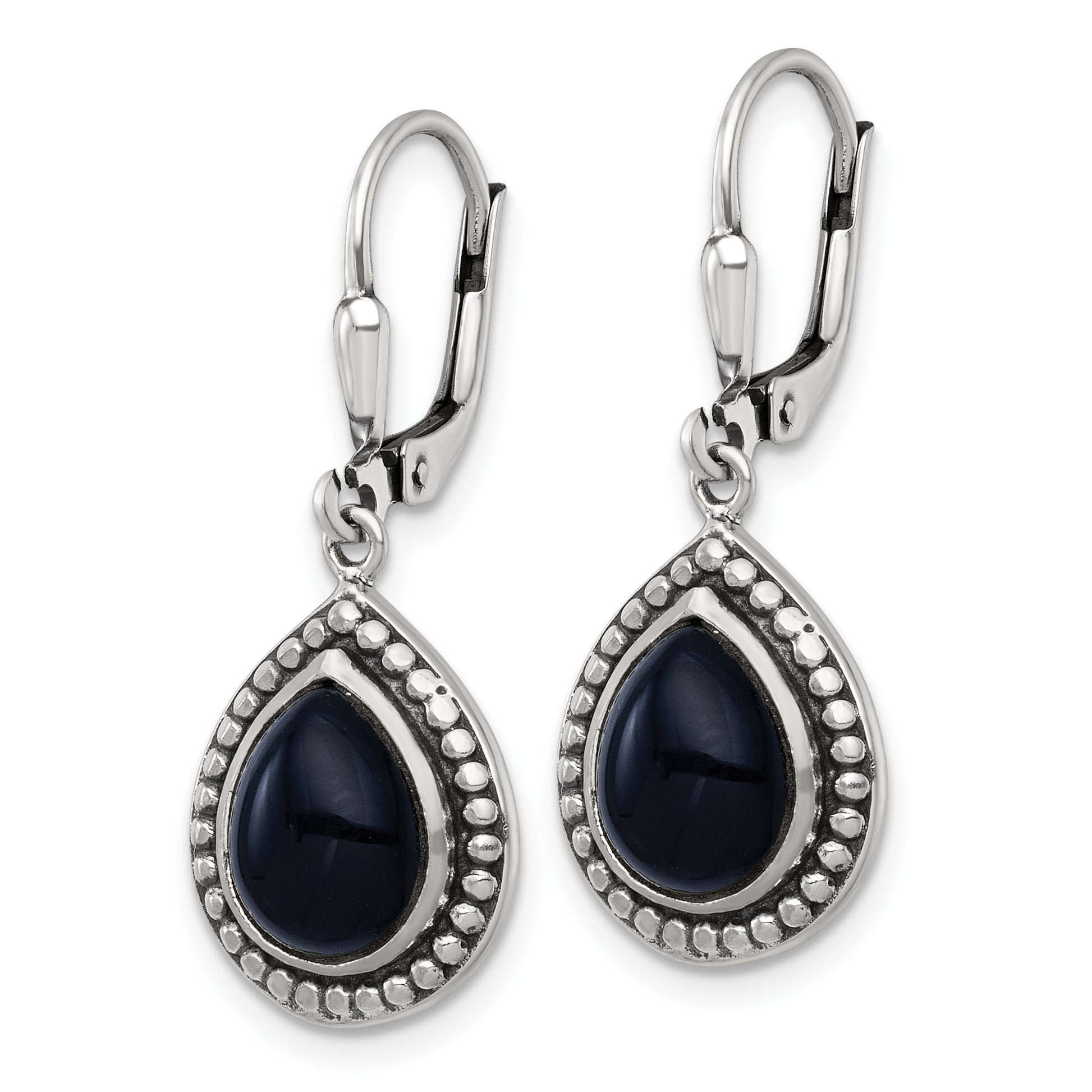 Sterling Silver Antiqued Onyx Teardrop Cabochon Leverback Dangle Earrings