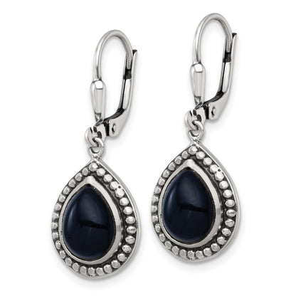 Sterling Silver Antiqued Onyx Teardrop Cabochon Leverback Dangle Earrings