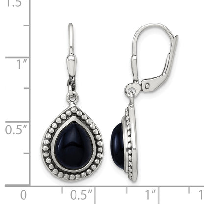 Sterling Silver Antiqued Onyx Teardrop Cabochon Leverback Dangle Earrings
