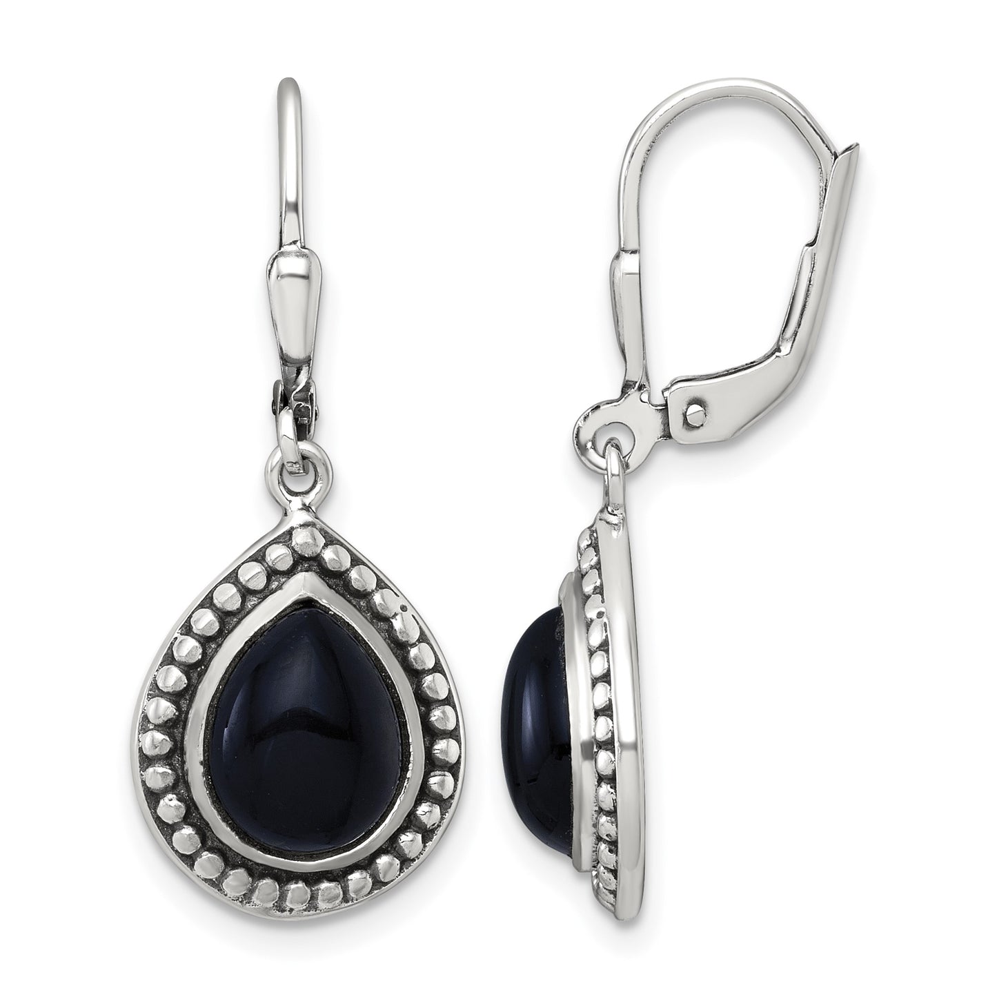 Sterling Silver Antiqued Onyx Teardrop Cabochon Leverback Dangle Earrings