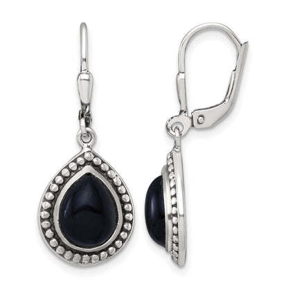 Sterling Silver Antiqued Onyx Teardrop Cabochon Leverback Dangle Earrings