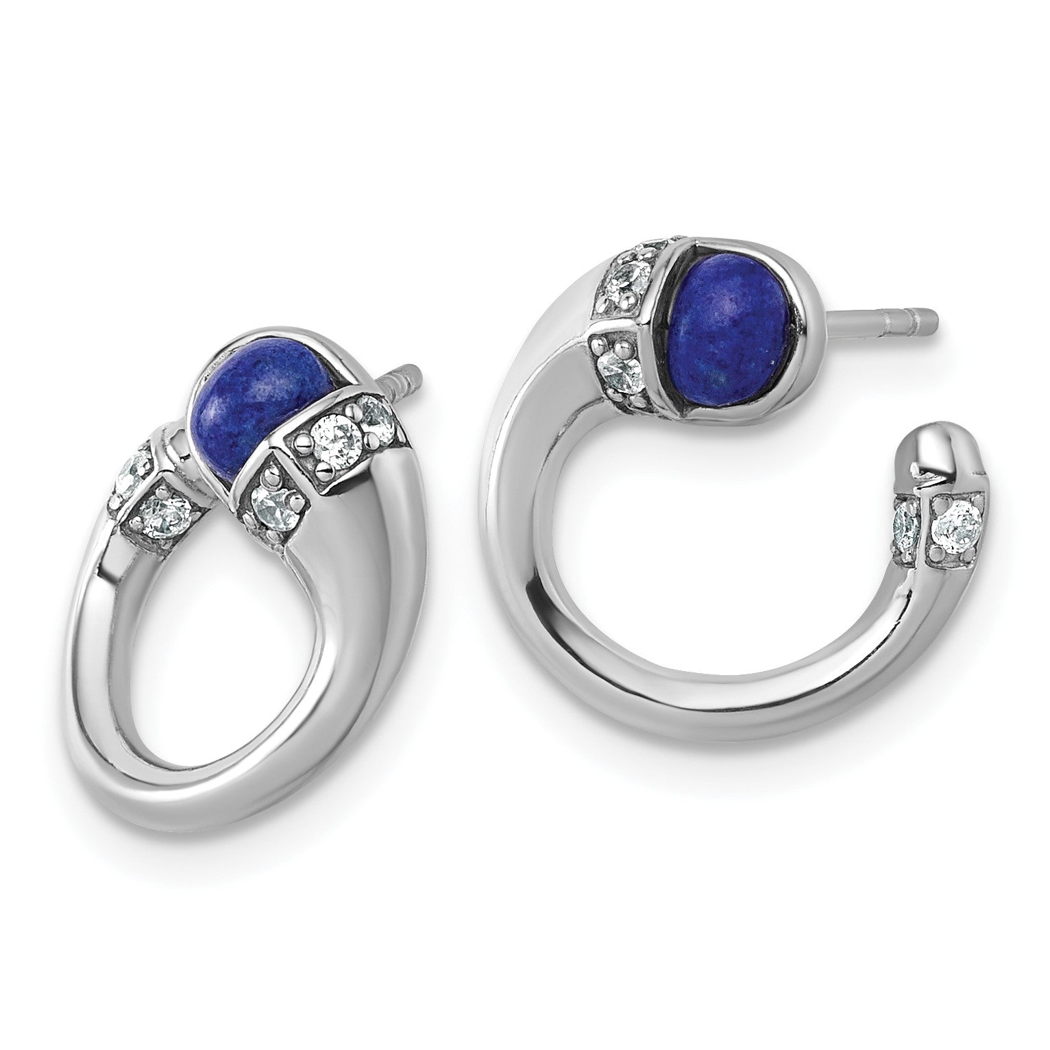 Sterling Silver Rhodium-plated Polished CZ and Lapis Cabochon Cuff Post Earrings