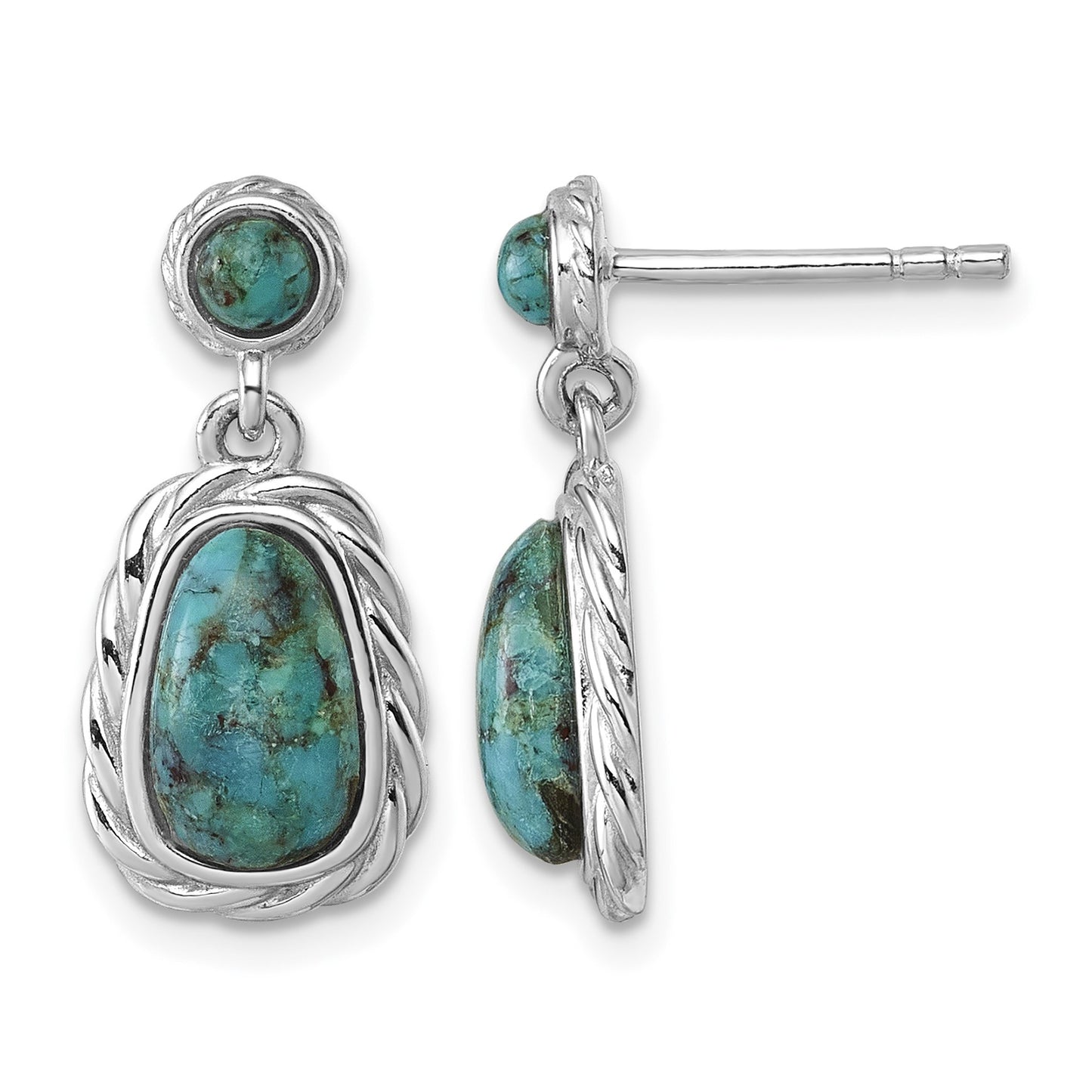 Sterling Silver Rhodium-plated Polished Twisted Edge Compressed Turquoise Cabochon Dangle Post Earrings
