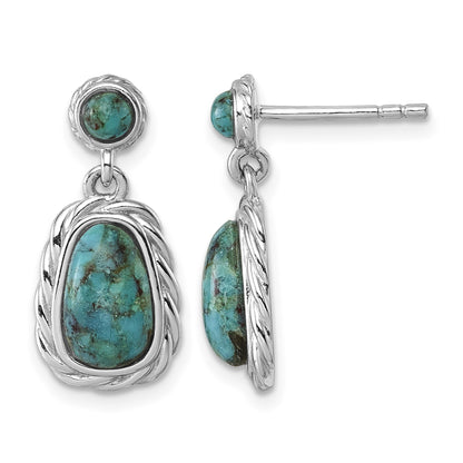 Sterling Silver Rhodium-plated Polished Twisted Edge Compressed Turquoise Cabochon Dangle Post Earrings