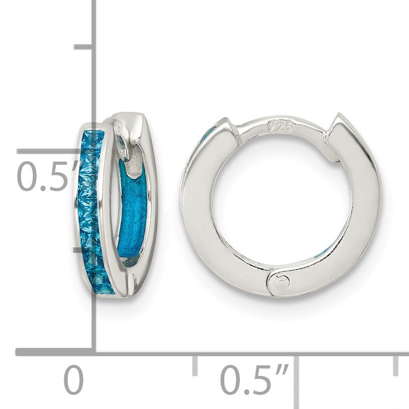 Sterling Silver Polished Blue CZ and Blue Enamel In and Out 13mm Hinged Round Hoop Earrings