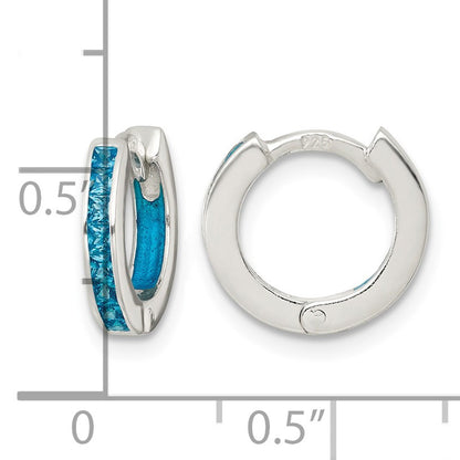 Sterling Silver Polished Blue CZ and Blue Enamel In and Out 13mm Hinged Round Hoop Earrings