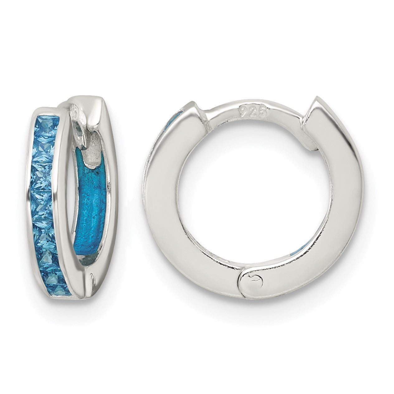 Sterling Silver Polished Blue CZ and Blue Enamel In and Out 13mm Hinged Round Hoop Earrings