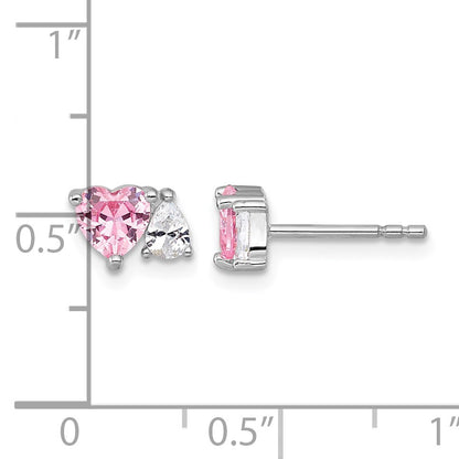 Sterling Silver Rhodium-plated Polished Heart Pink and White Pear CZ Post Earrings