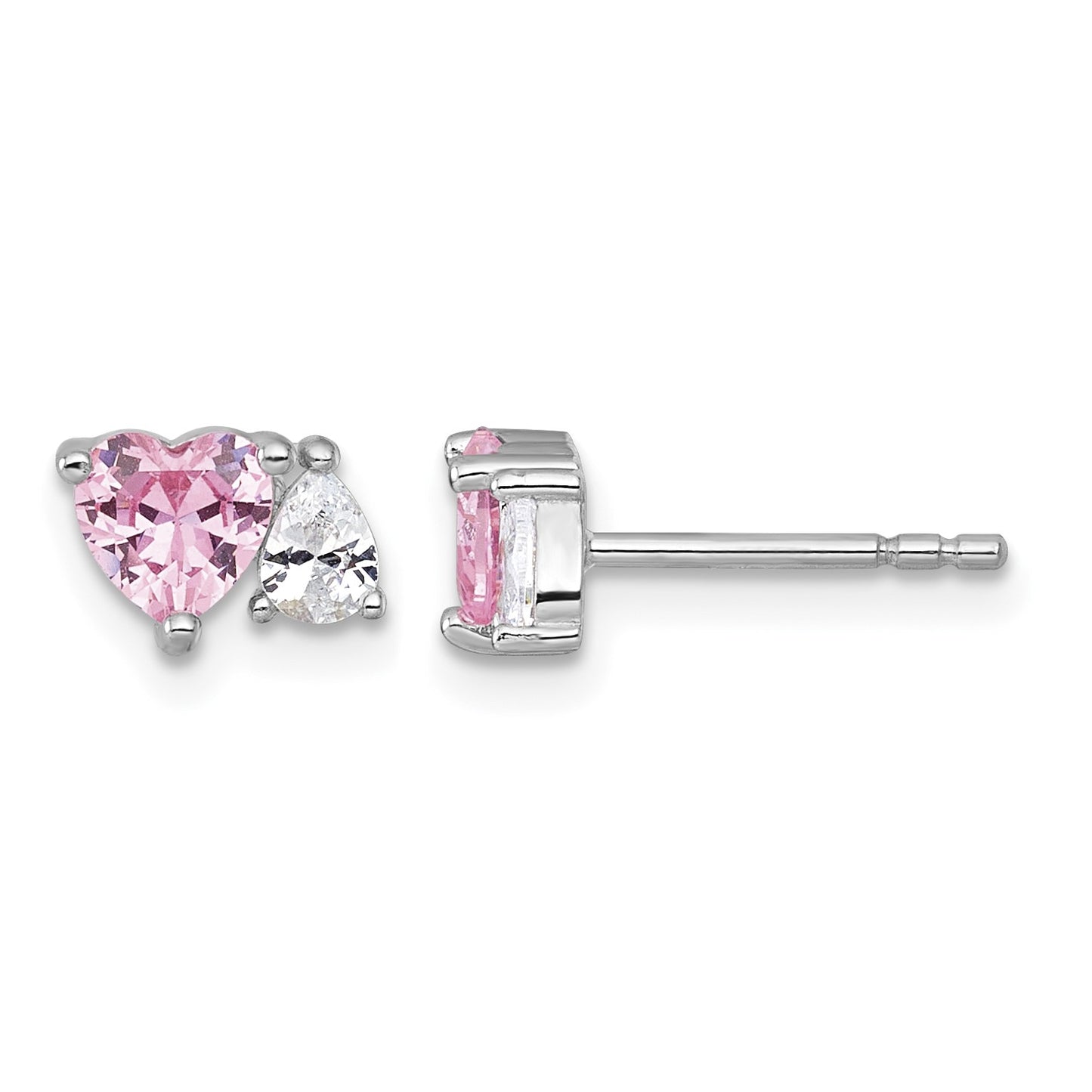 Sterling Silver Rhodium-plated Polished Heart Pink and White Pear CZ Post Earrings