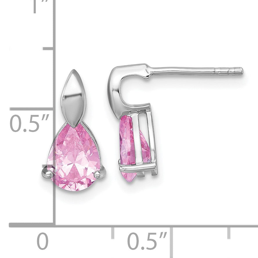 Sterling Silver Rhodium-plated Polished Pink Pear CZ Teardrop Post Earrings