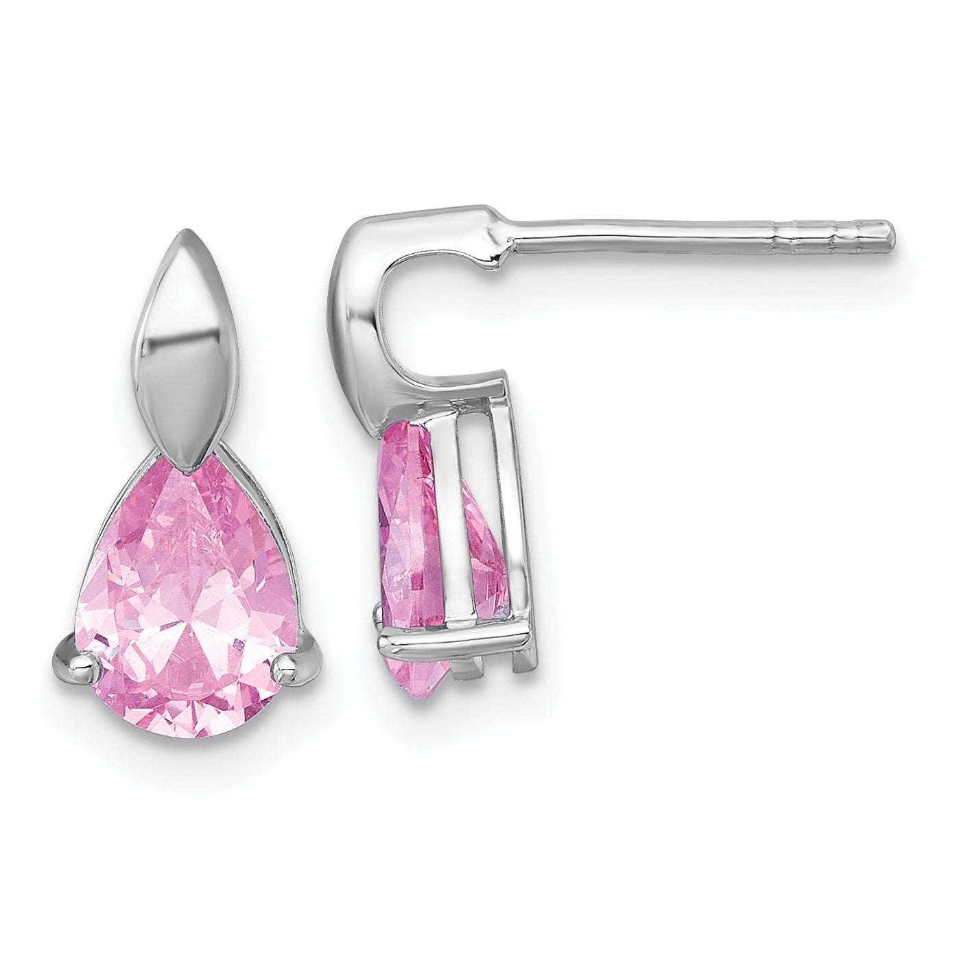 Sterling Silver Rhodium-plated Polished Pink Pear CZ Teardrop Post Earrings