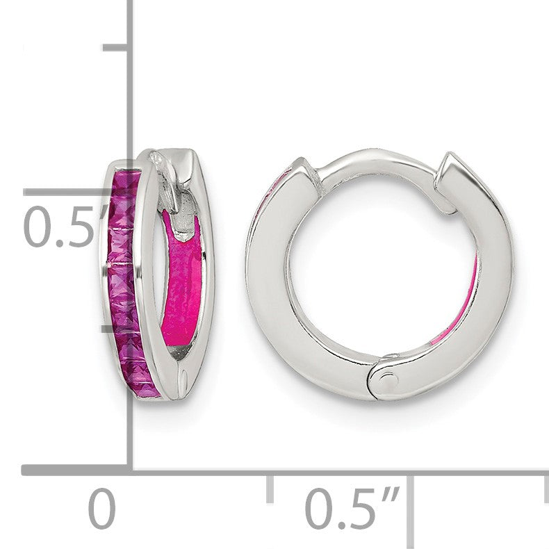 Sterling Silver Polished Pink CZ and Pink Enamel In and Out 13mm Hinged Round Hoop Earrings