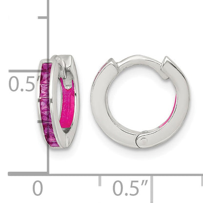 Sterling Silver Polished Pink CZ and Pink Enamel In and Out 13mm Hinged Round Hoop Earrings
