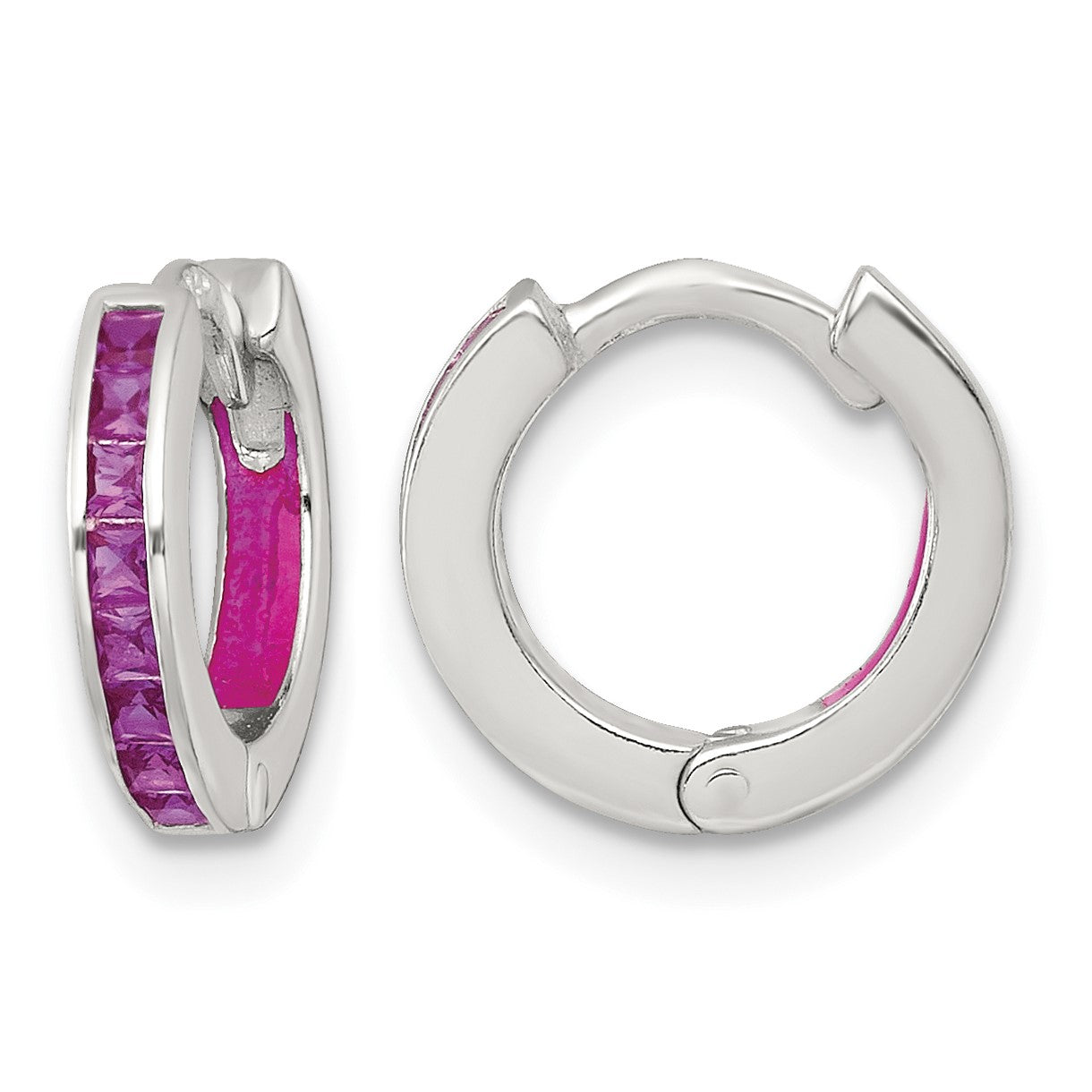 Sterling Silver Polished Pink CZ and Pink Enamel In and Out 13mm Hinged Round Hoop Earrings