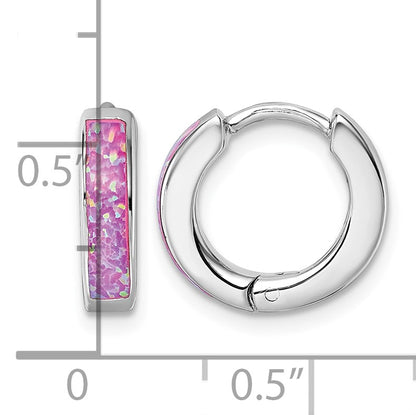 Sterling Silver Rhodium-plated Polished 3.25mm x 12mm Pink Lab Created Opal Hinged Hoop Earrings