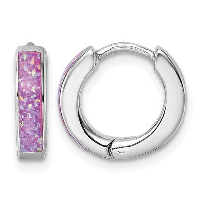 Sterling Silver Rhodium-plated Polished 3.25mm x 12mm Pink Lab Created Opal Hinged Hoop Earrings