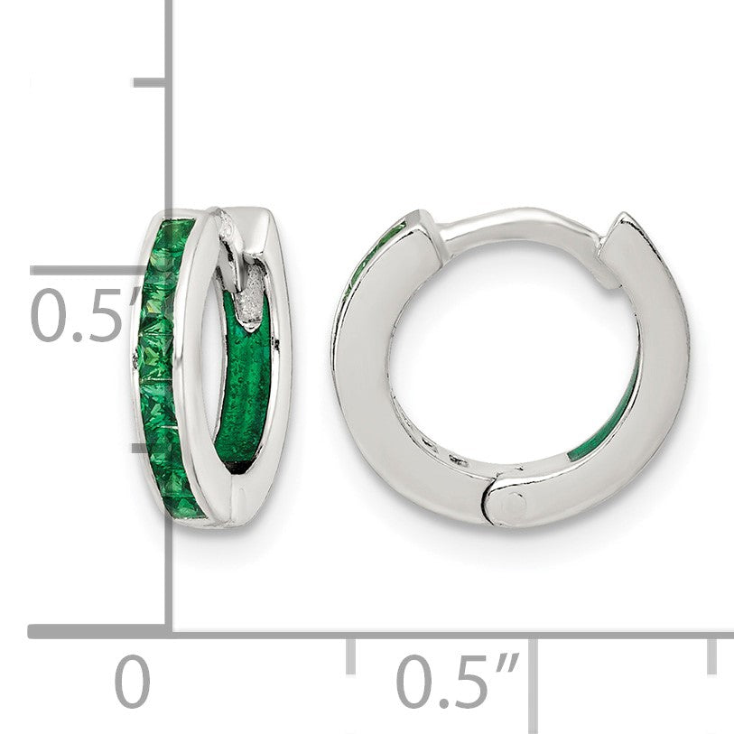 Sterling Silver Polished Green CZ and Green Enamel In and Out 13mm Hinged Round Hoop Earrings