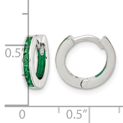 Sterling Silver Polished Green CZ and Green Enamel In and Out 13mm Hinged Round Hoop Earrings