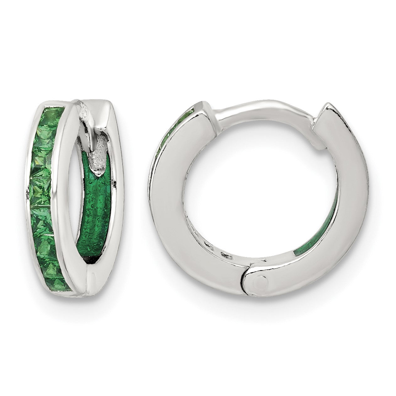 Sterling Silver Polished Green CZ and Green Enamel In and Out 13mm Hinged Round Hoop Earrings