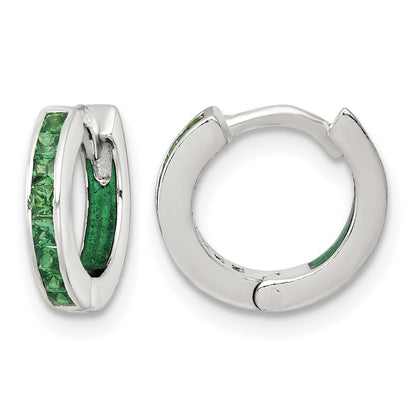 Sterling Silver Polished Green CZ and Green Enamel In and Out 13mm Hinged Round Hoop Earrings