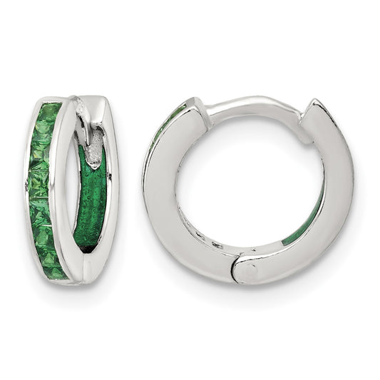Sterling Silver Polished Green CZ and Green Enamel In and Out 13mm Hinged Round Hoop Earrings