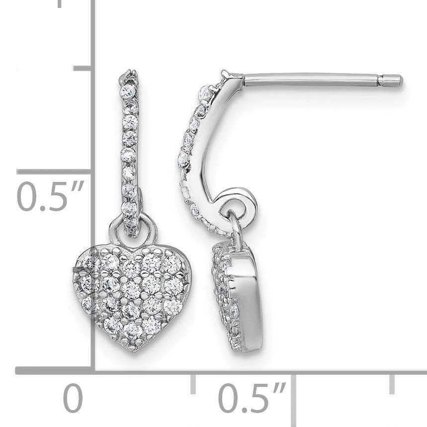 Sterling Silver Rhodium-plated Polished CZ Heart Post Dangle Earrings