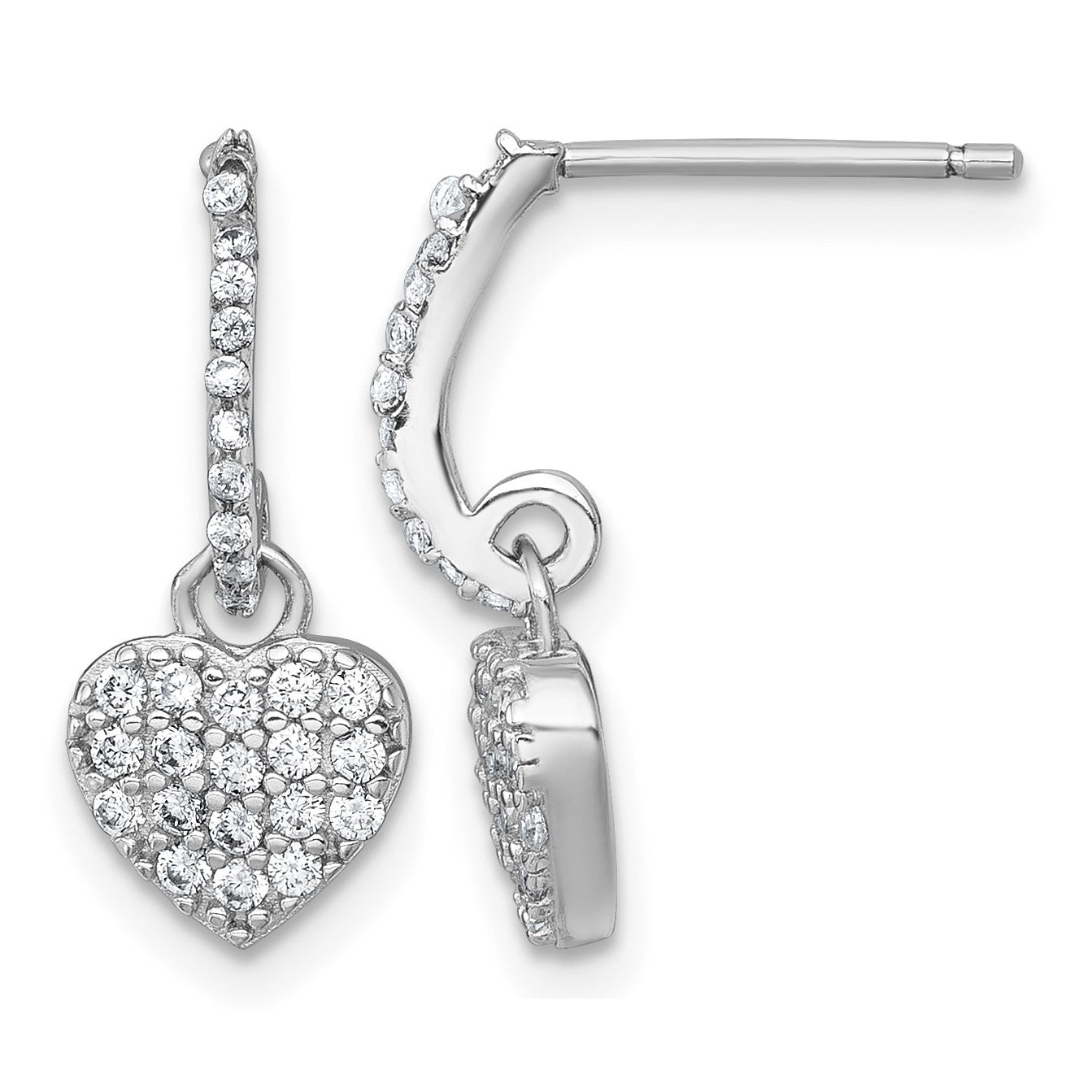 Sterling Silver Rhodium-plated Polished CZ Heart Post Dangle Earrings