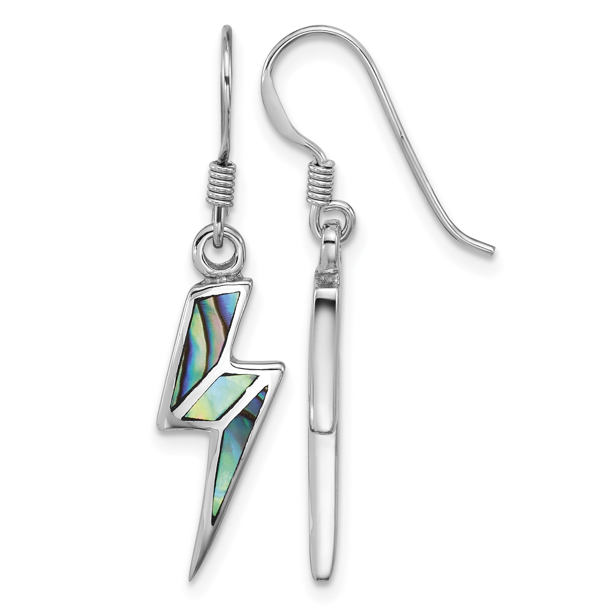Sterling Silver Rhodium-plated Polished Abalone Lightning Bolt Dangle Shepherd Hook Earrings