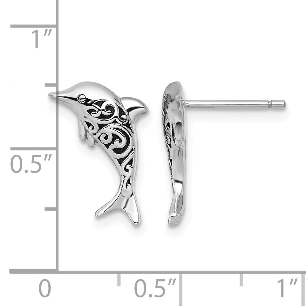 Sterling Silver Rhodium-plated Polished and Oxidized Filigree Dolphin Post Earrings