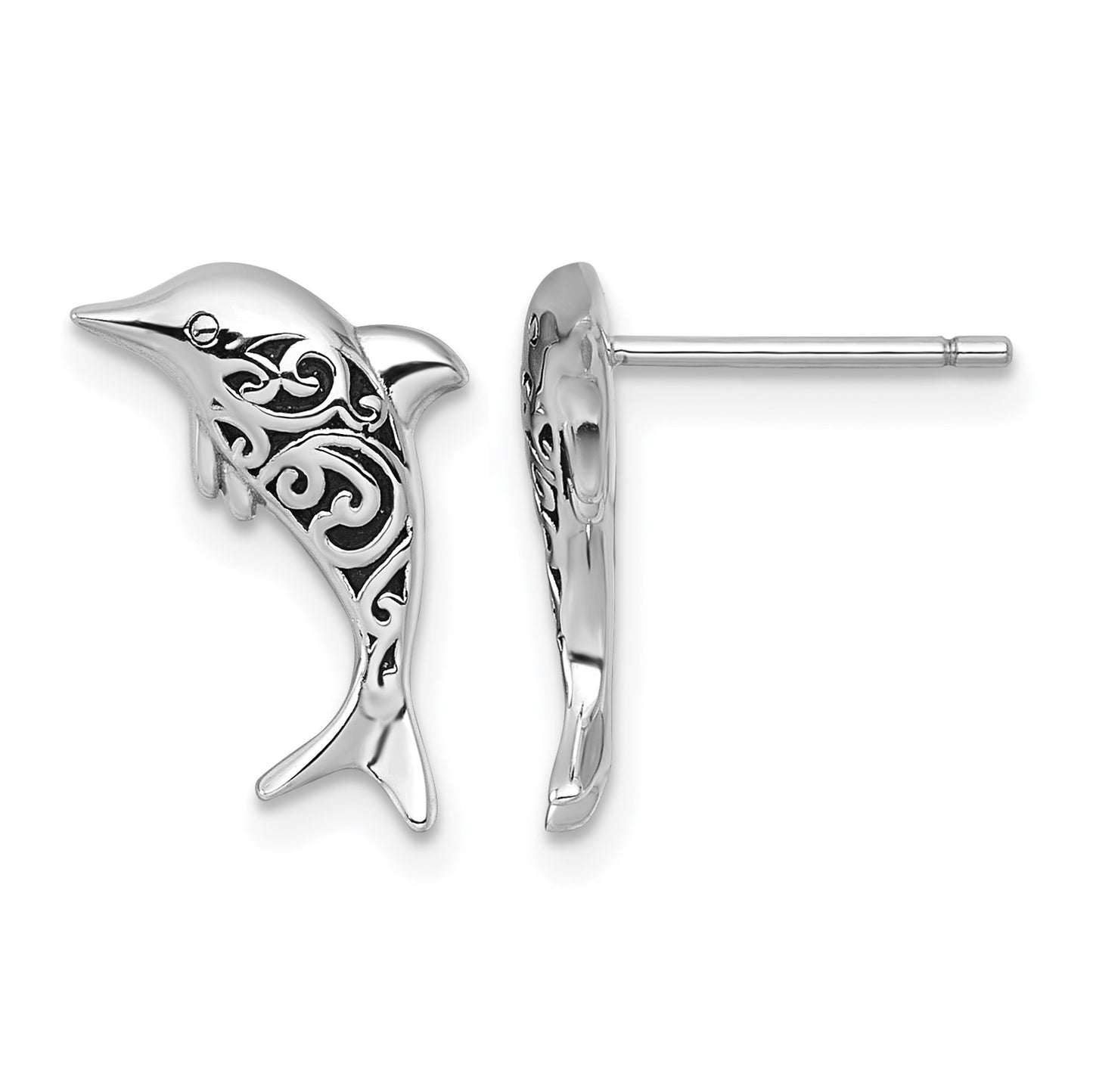 Sterling Silver Rhodium-plated Polished and Oxidized Filigree Dolphin Post Earrings