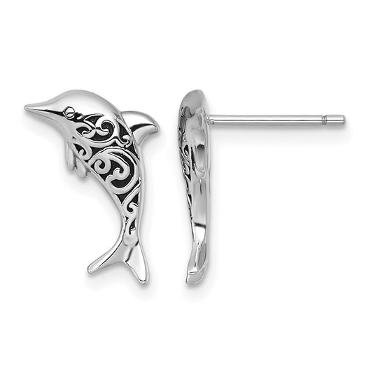Sterling Silver Rhodium-plated Polished and Oxidized Filigree Dolphin Post Earrings