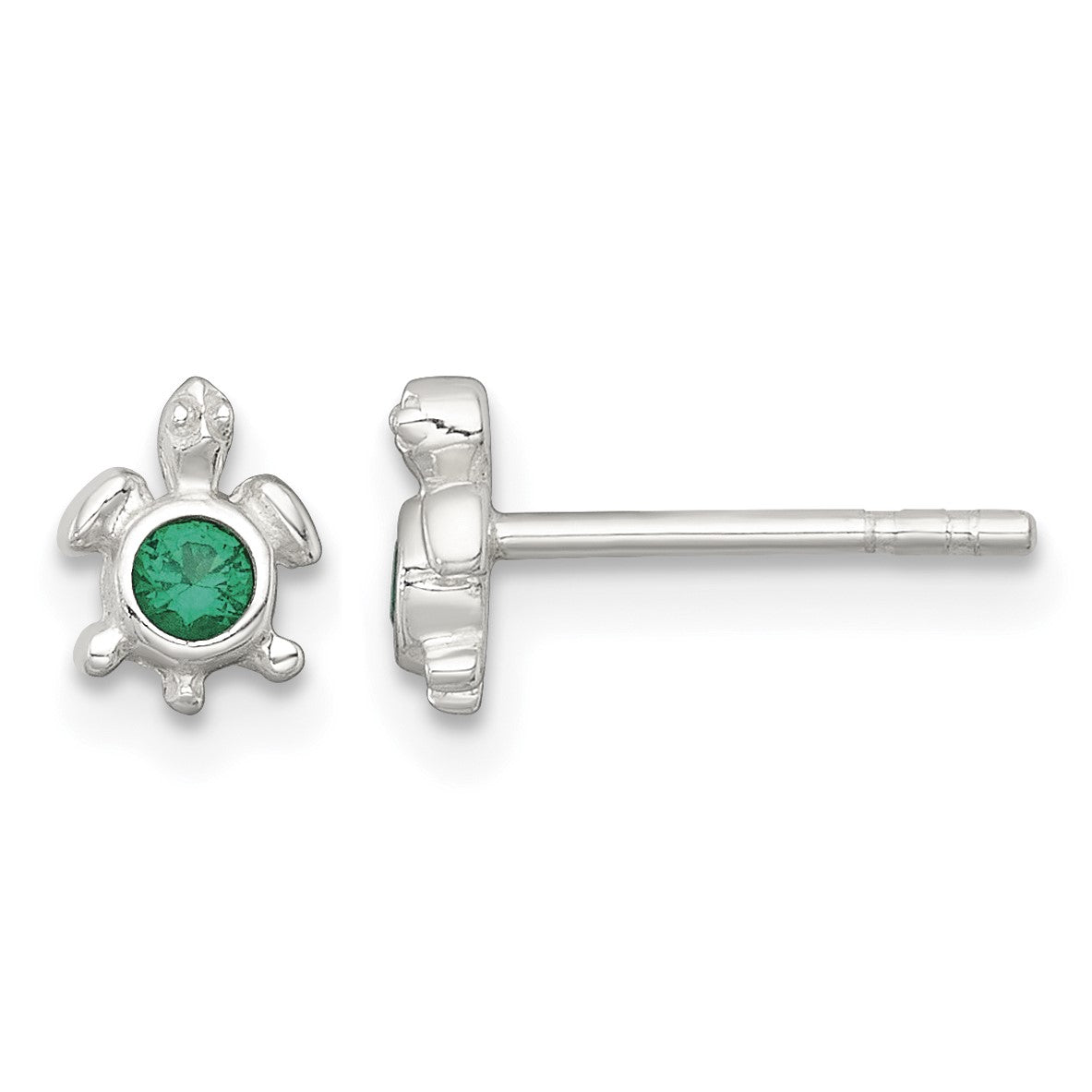 Sterling Silver Polished Green CZ Turtle Mini Post Earrings