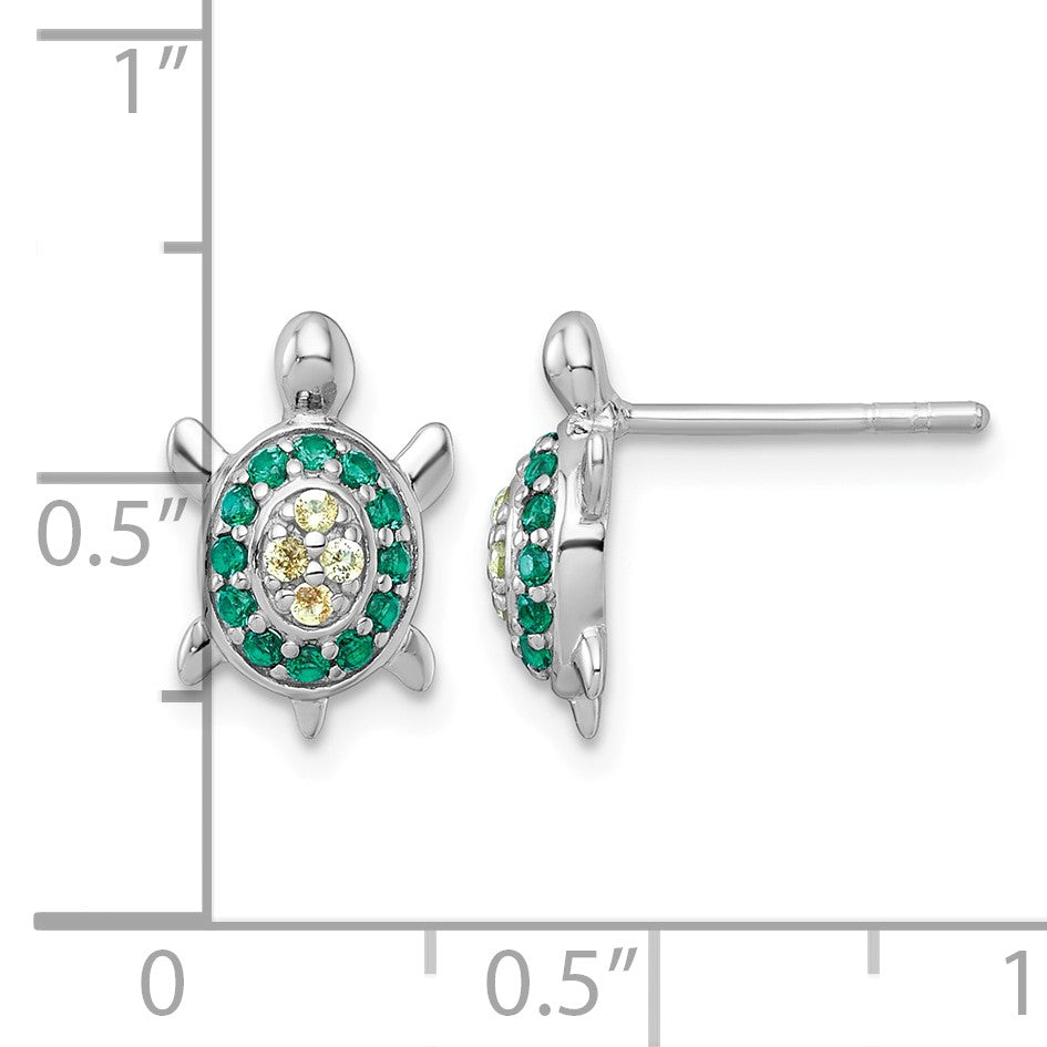 Sterling Silver Rhodium-plated Polished Green And Yellow Nano Crystals Turtle Post Earrings