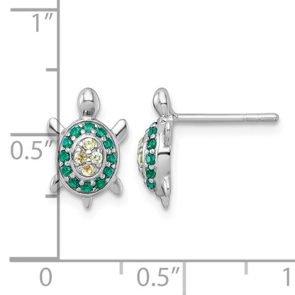 Sterling Silver Rhodium-plated Polished Green And Yellow Nano Crystals Turtle Post Earrings