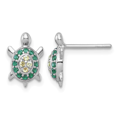 Sterling Silver Rhodium-plated Polished Green And Yellow Nano Crystals Turtle Post Earrings