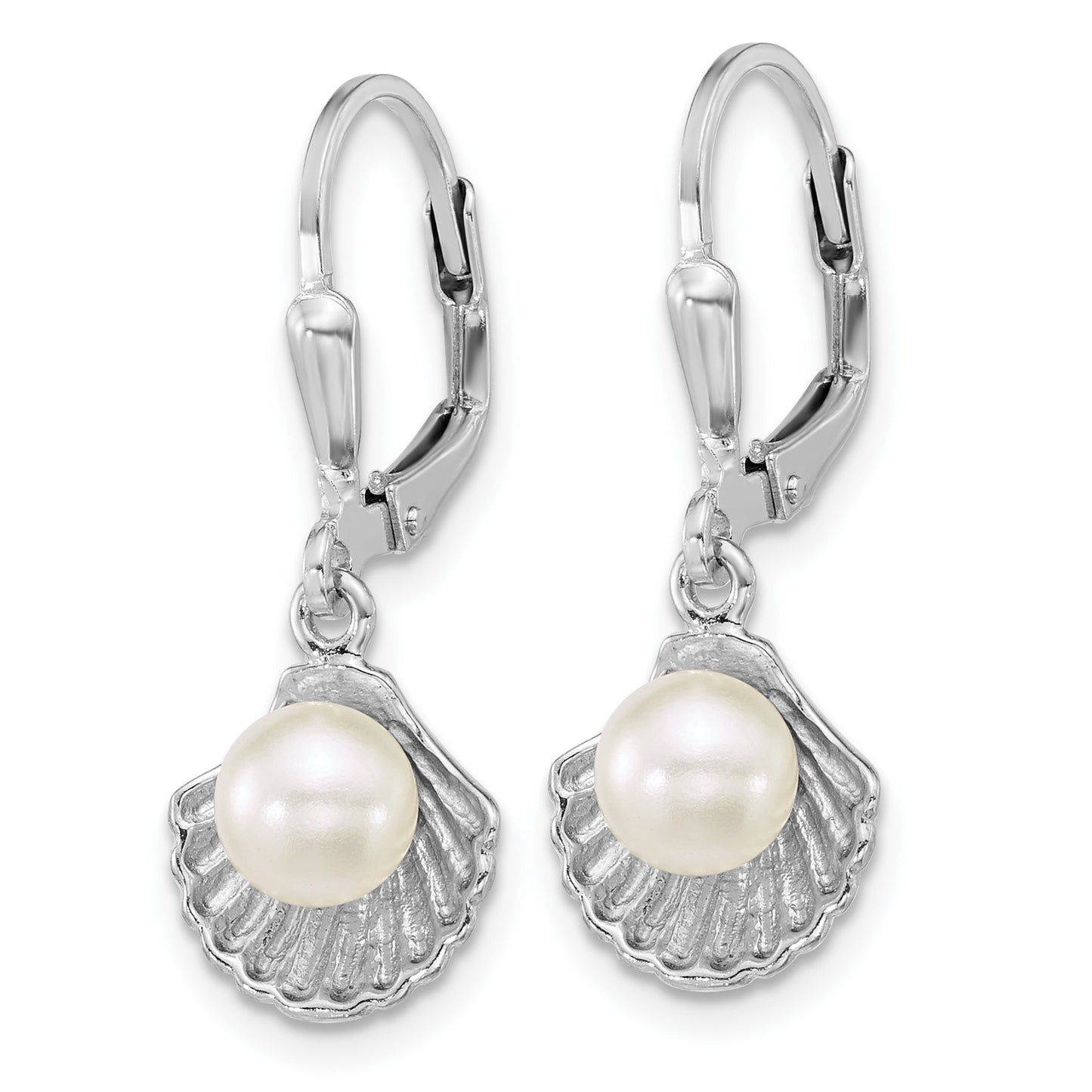 Sterling Silver Rhodium-plated Polished Sea Shell and Acrylic Pearl Leverback Earrings