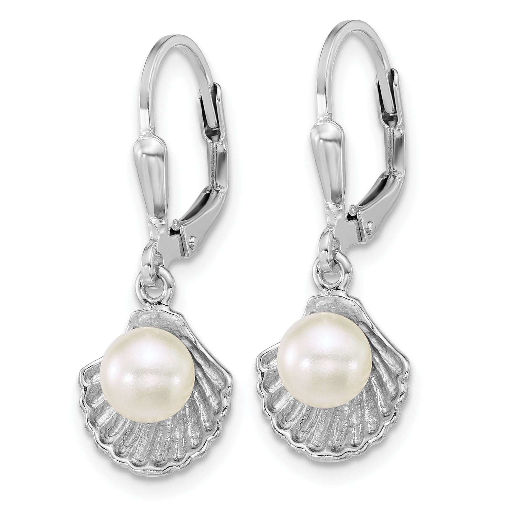 Sterling Silver Rhodium-plated Polished Sea Shell and Acrylic Pearl Leverback Earrings