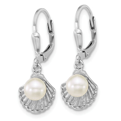 Sterling Silver Rhodium-plated Polished Sea Shell and Acrylic Pearl Leverback Earrings