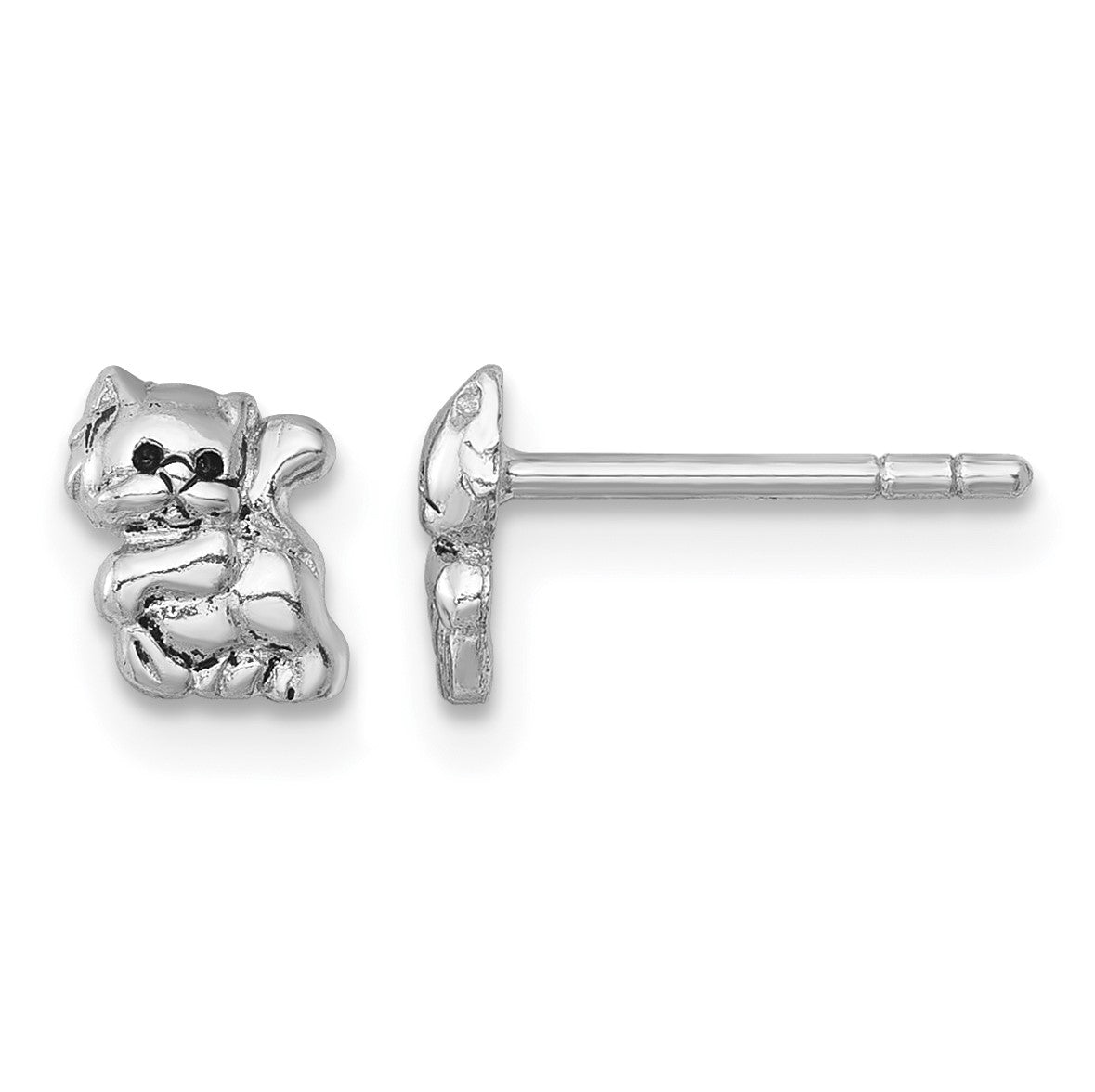Sterling Silver Rhodium-plated Polished Enameled Cat Kitten Post Earrings