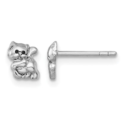 Sterling Silver Rhodium-plated Polished Enameled Cat Kitten Post Earrings