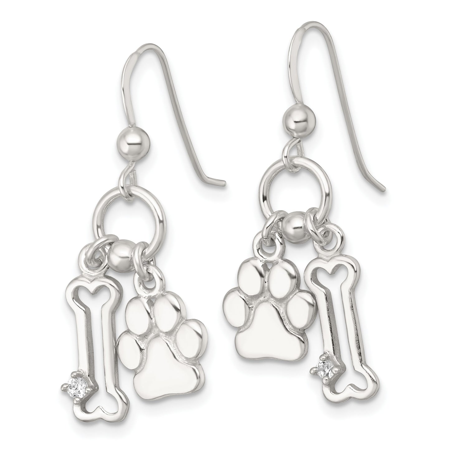 Sterling Silver Polished White CZ Bone and Paw Dangle Shepherd Hook Earrings