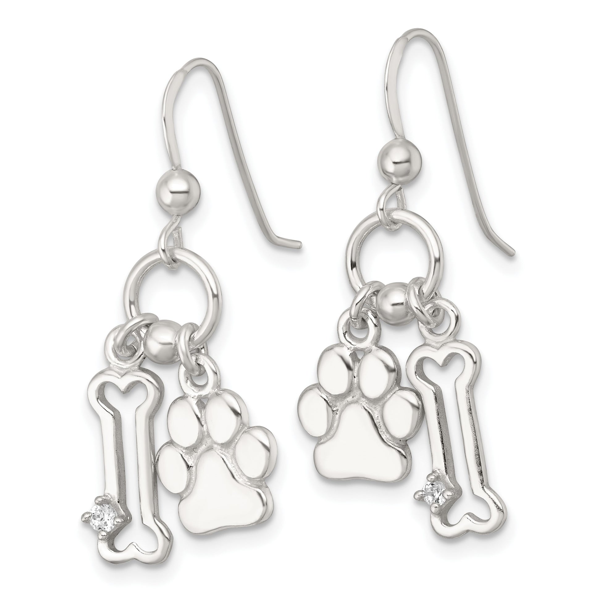 Sterling Silver Polished White CZ Bone and Paw Dangle Shepherd Hook Earrings