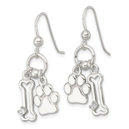 Sterling Silver Polished White CZ Bone and Paw Dangle Shepherd Hook Earrings